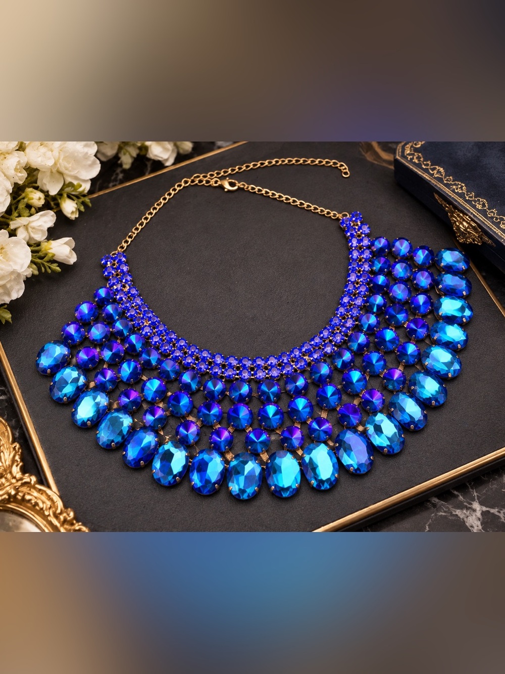 Cobalt Blue AB Crystal Statement Bib Necklace โ Gold Tone